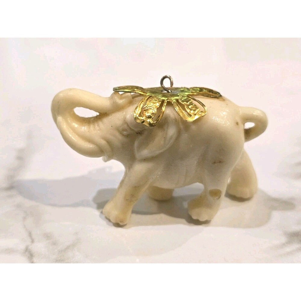 Vintage Celluloid Lucky Elephant Charm Pendant Faux Ivory Raised Trunk Gold Tone